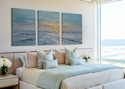 Textured Ocean Sunset Canvas Wall Art – Blue Coastal Seascape Canvas – Single & 3 Panel Canvas – AI PRINT LAB