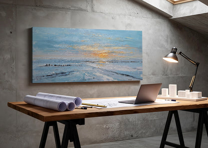 Textured Ocean Sunset Canvas Wall Art – Blue Coastal Seascape Canvas – Single & 3 Panel Canvas – AI PRINT LAB