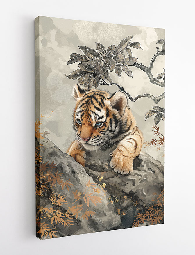 Tiger Cub on Rock – Elegant Wildlife Animal Canvas & Poster Wall Art – T1260 – AiPrintLab