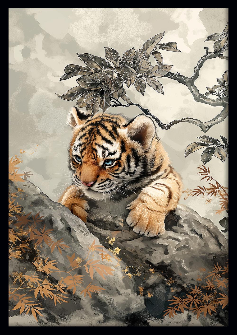Tiger Cub on Rock – Elegant Wildlife Animal Canvas & Poster Wall Art – T1260 – AiPrintLab