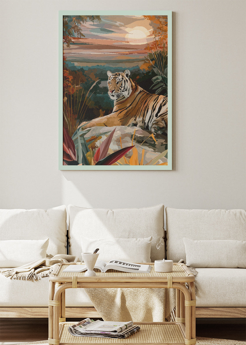 Tiger at Sunset Canvas Print & Poster – Serene Wildlife Landscape Wall Art