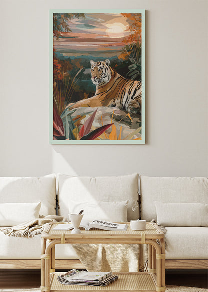 Tiger at Sunset Canvas Print & Poster – Serene Wildlife Landscape Wall Art