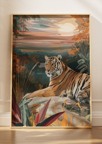 Tiger at Sunset Canvas Print & Poster – Serene Wildlife Landscape Wall Art
