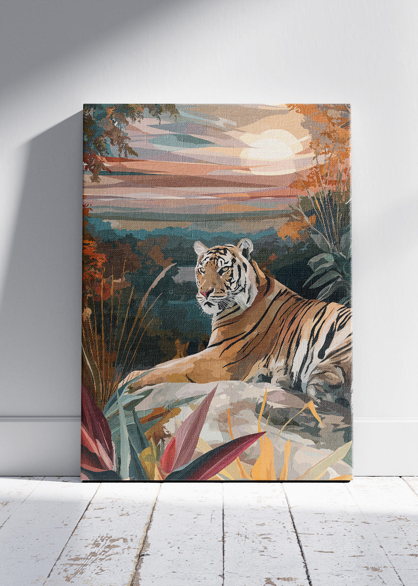 Tiger at Sunset Canvas Print & Poster – Serene Wildlife Landscape Wall Art
