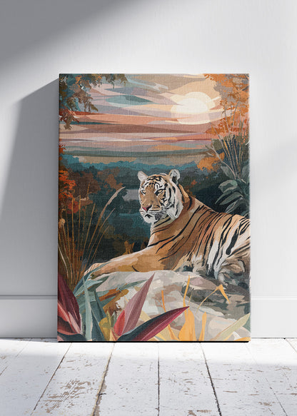 Tiger at Sunset Canvas Print & Poster – Serene Wildlife Landscape Wall Art