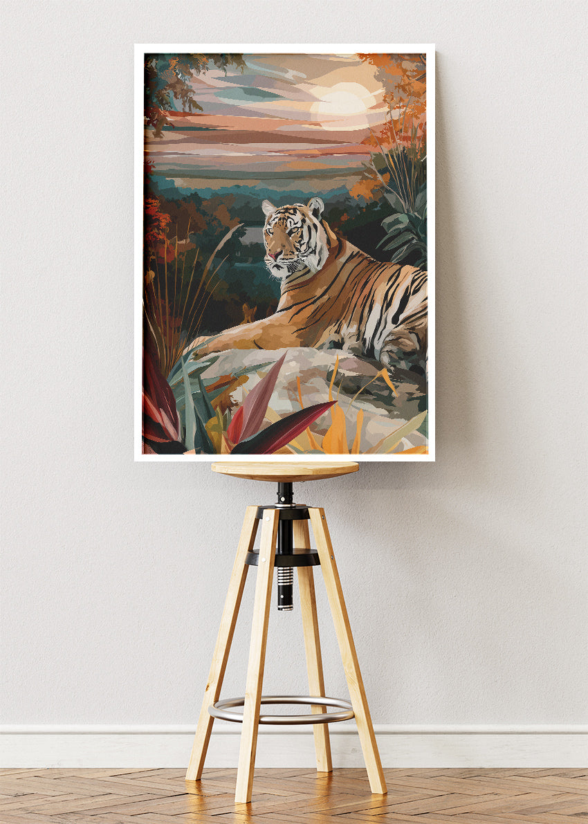 Tiger at Sunset Canvas Print & Poster – Serene Wildlife Landscape Wall Art
