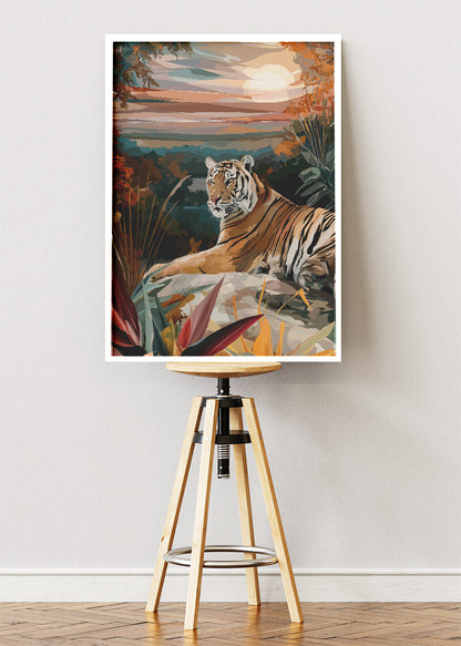 Tiger at Sunset Canvas Print & Poster – Serene Wildlife Landscape Wall Art