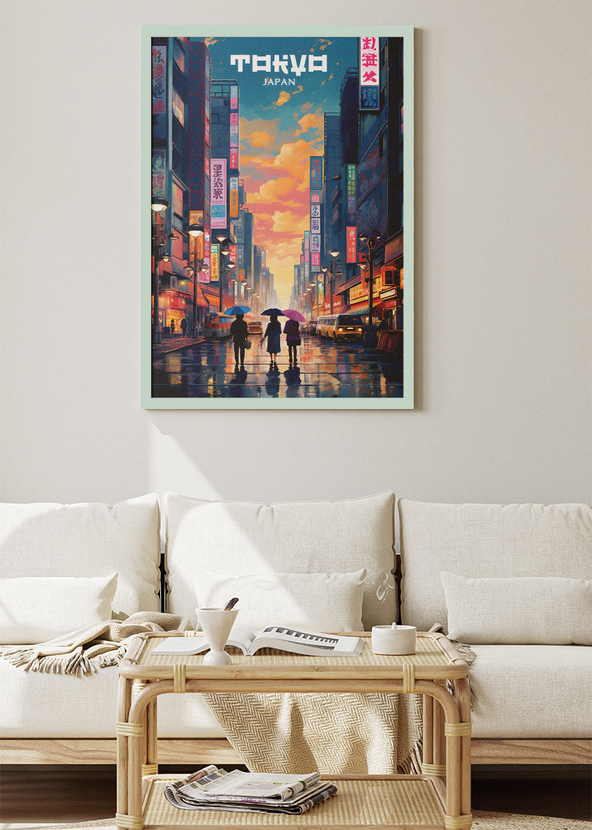 Tokyo Japan Poster & Canvas Print – Illustrated Neon City Street Art