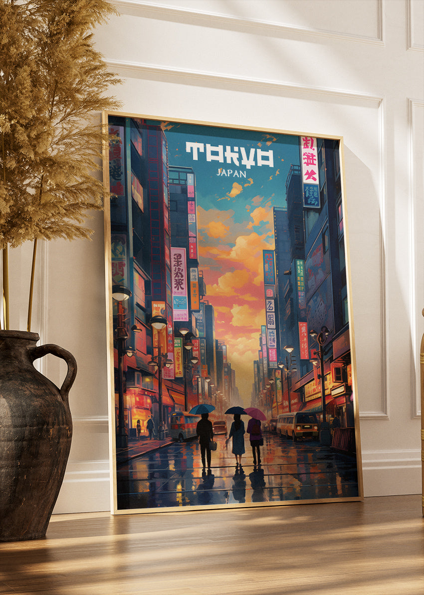Tokyo Japan Poster & Canvas Print – Illustrated Neon City Street Art