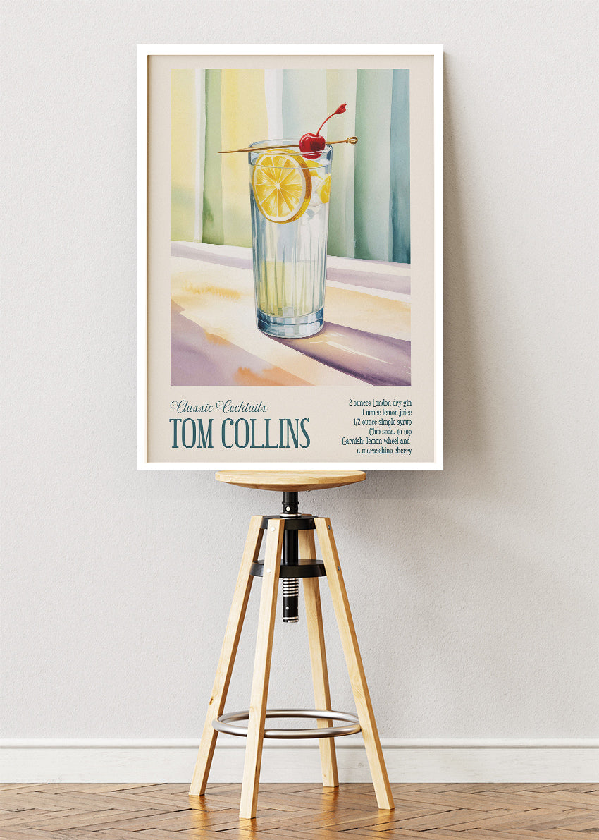 Tom Collins Classic Cocktail Poster & Canvas Print | Vintage Bar Wall Art