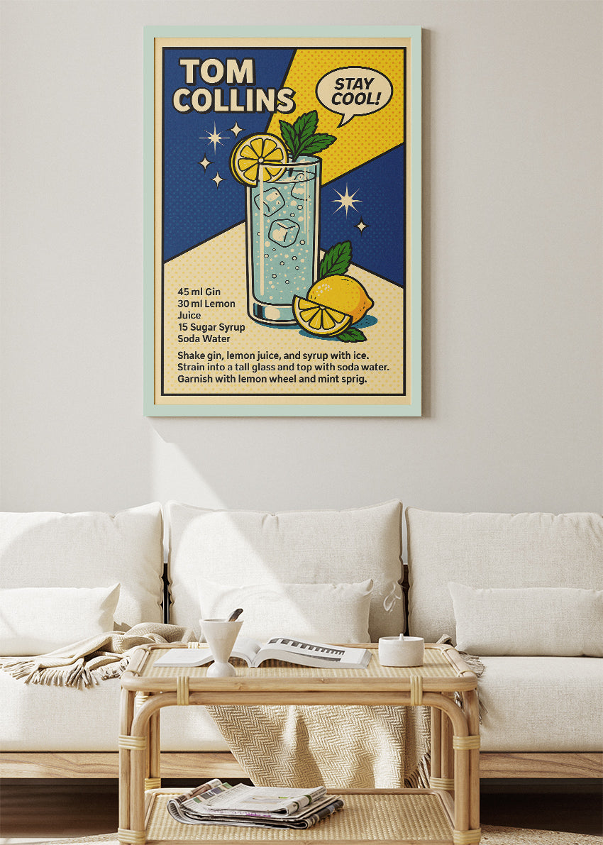 Tom Collins Pop Art Cocktail Poster & Canvas Print – Retro Gin Drink Wall Art – AI PRINT LAB