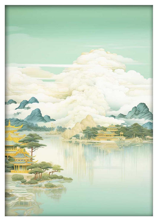 Tranquil Asian Landscape with Golden Temples Wall Art Print – T521 – AiPrintLab