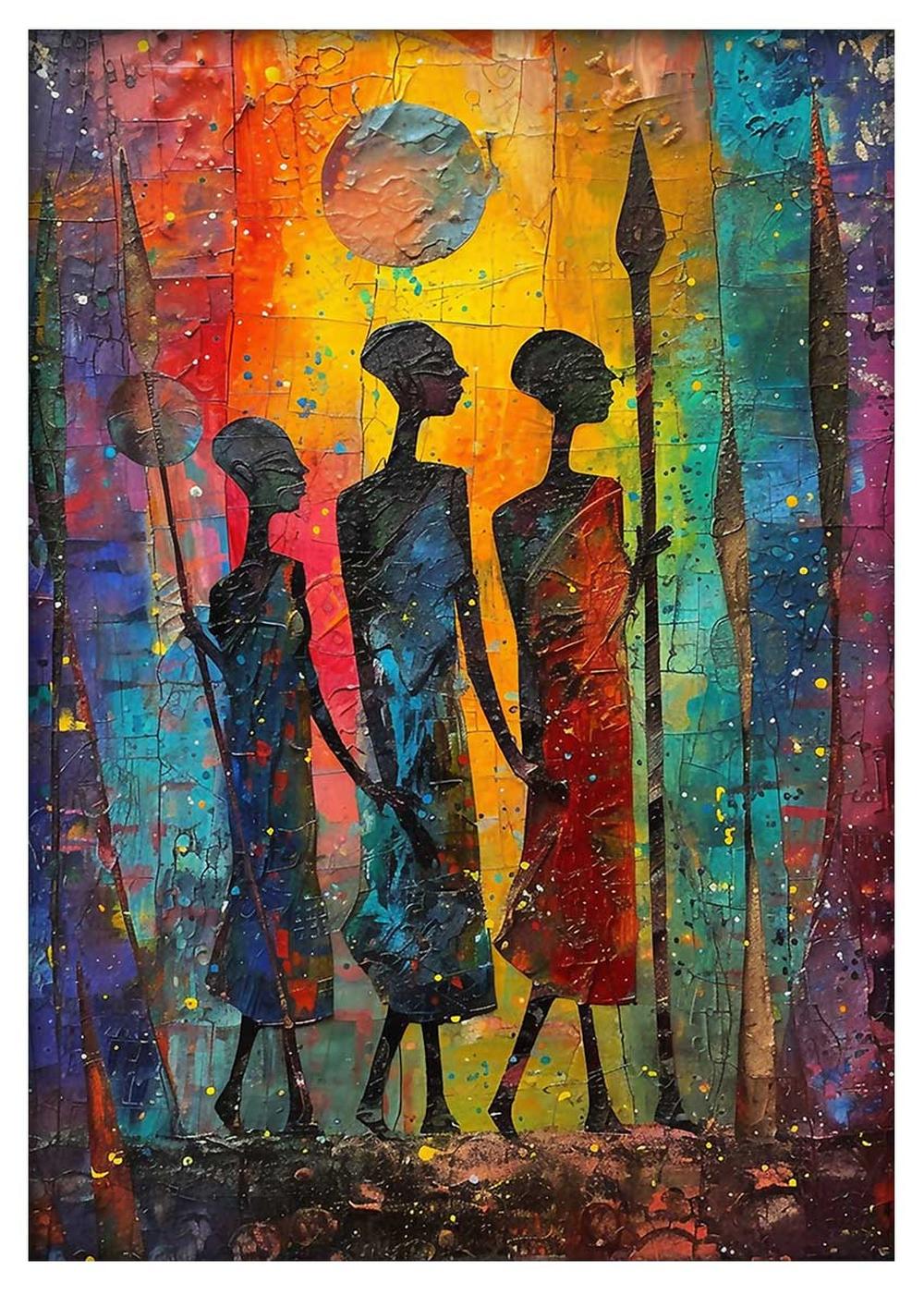 Tribal Silhouettes Canvas Art – Colorful African Warrior Poster – T790 – AiPrintLab