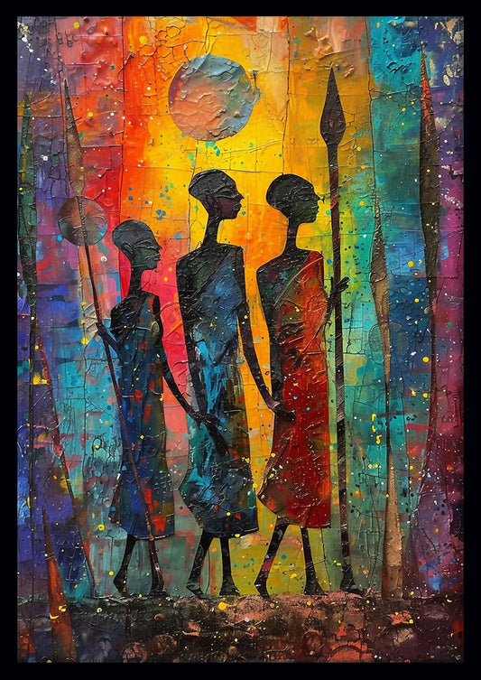 Tribal Silhouettes Canvas Art – Colorful African Warrior Poster – T790 – AiPrintLab
