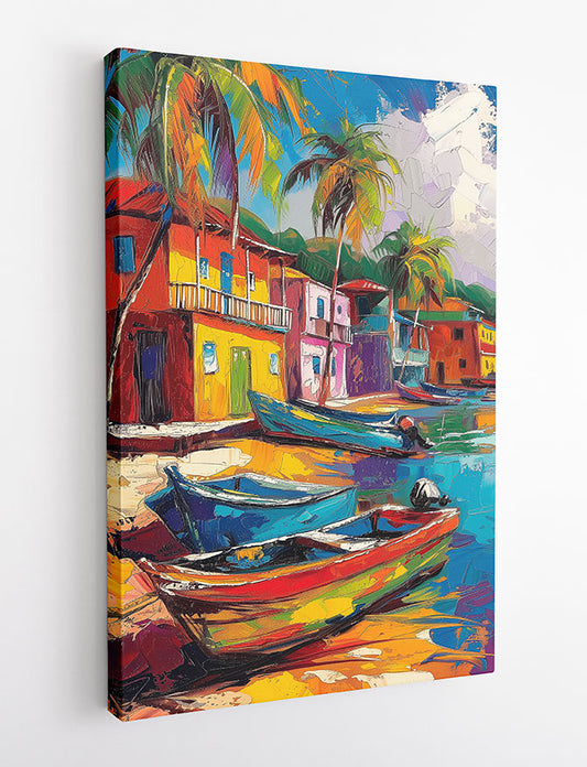 Tropical Boats & Colorful Village – Caribbean Seaside Canvas & Poster Print – T1125 – AiPrintLab