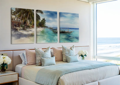 Tropical Island Boat Beach Canvas Wall Art – Single & 3 Panel Split – AI PRINT LAB