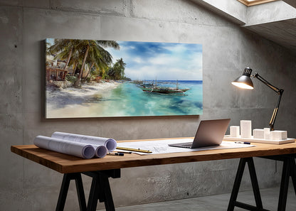 Tropical Island Boat Beach Canvas Wall Art – Single & 3 Panel Split – AI PRINT LAB