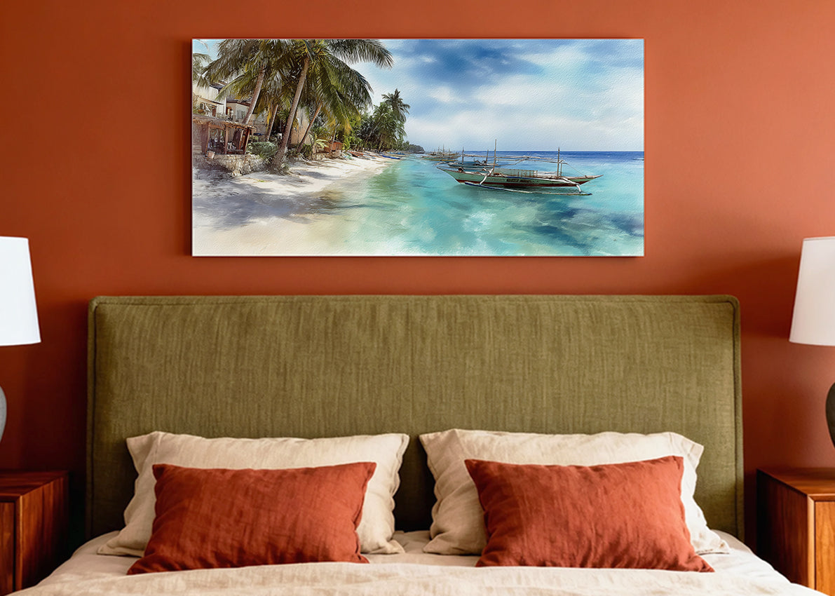 Tropical Island Boat Beach Canvas Wall Art – Single & 3 Panel Split – AI PRINT LAB