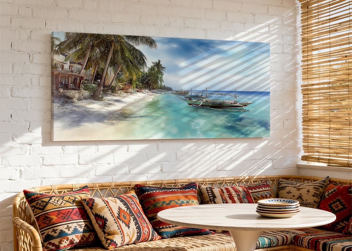 Tropical Island Boat Beach Canvas Wall Art – Single & 3 Panel Split – AI PRINT LAB