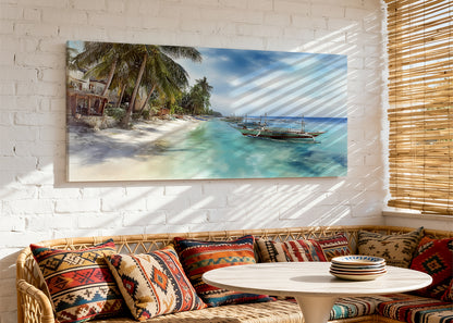 Tropical Island Boat Beach Canvas Wall Art – Single & 3 Panel Split – AI PRINT LAB