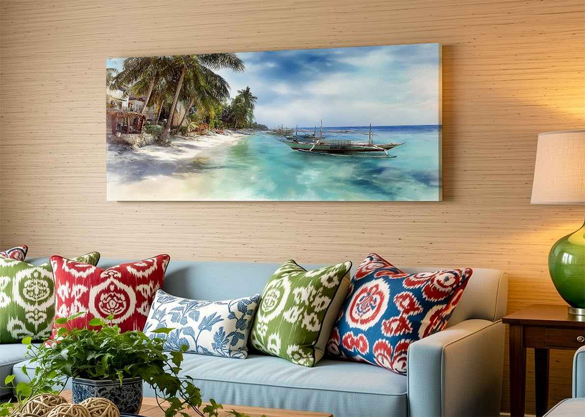 Tropical Island Boat Beach Canvas Wall Art – Single & 3 Panel Split – AI PRINT LAB