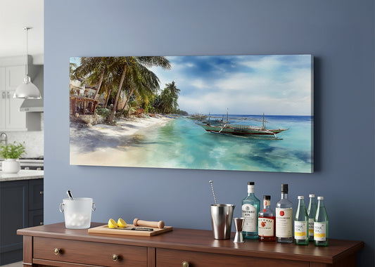 Tropical Island Boat Beach Canvas Wall Art – Single & 3 Panel Split – AI PRINT LAB