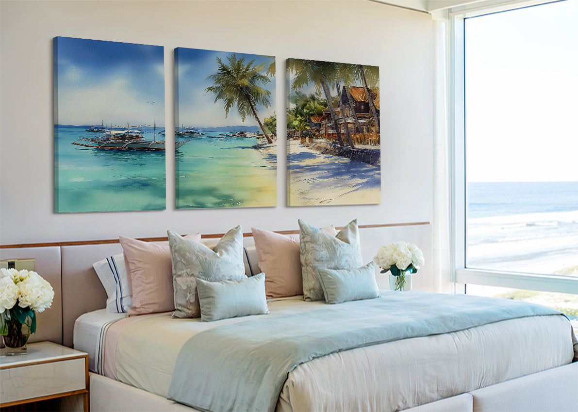 Tropical Paradise Beach Boats Canvas Wall Art – Single & 3 Panel Split – AI PRINT LAB