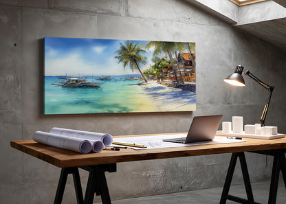 Tropical Paradise Beach Boats Canvas Wall Art – Single & 3 Panel Split – AI PRINT LAB