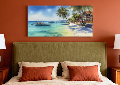 Tropical Paradise Beach Boats Canvas Wall Art – Single & 3 Panel Split – AI PRINT LAB