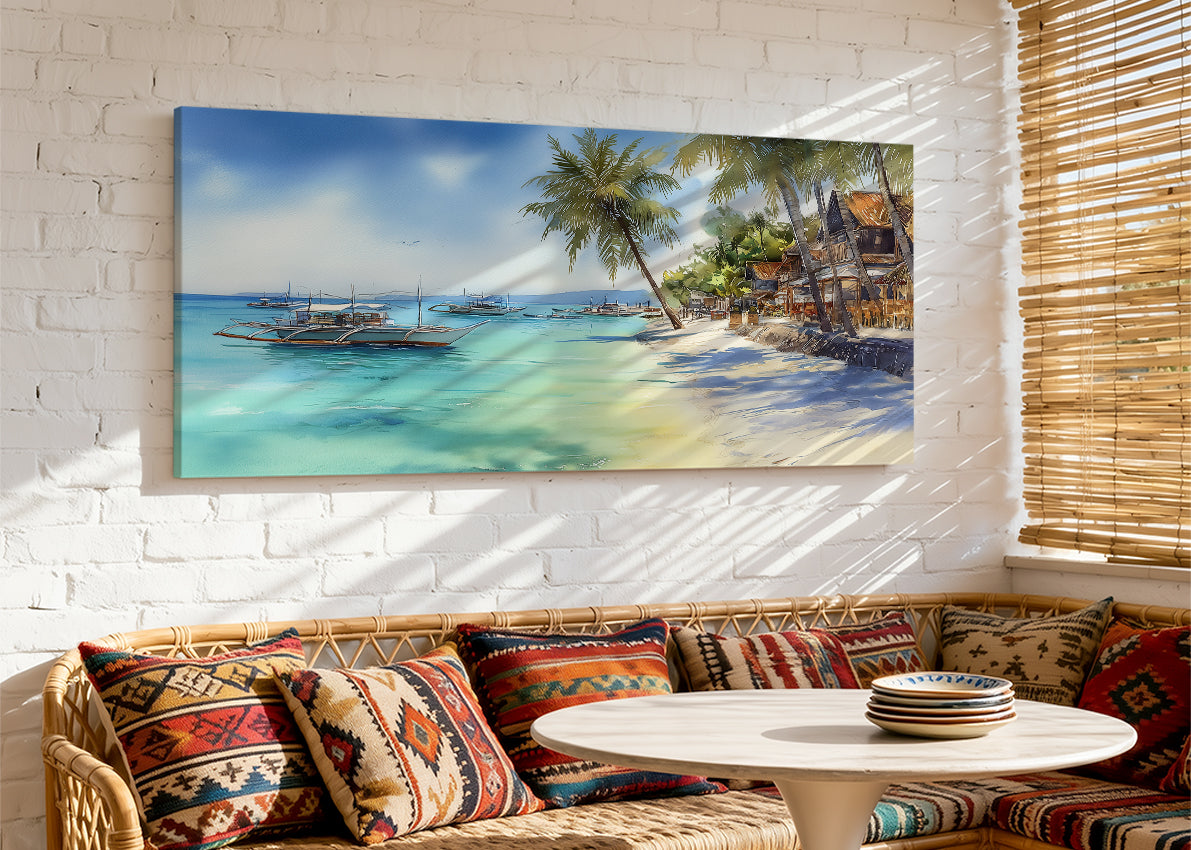 Tropical Paradise Beach Boats Canvas Wall Art – Single & 3 Panel Split – AI PRINT LAB