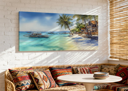 Tropical Paradise Beach Boats Canvas Wall Art – Single & 3 Panel Split – AI PRINT LAB