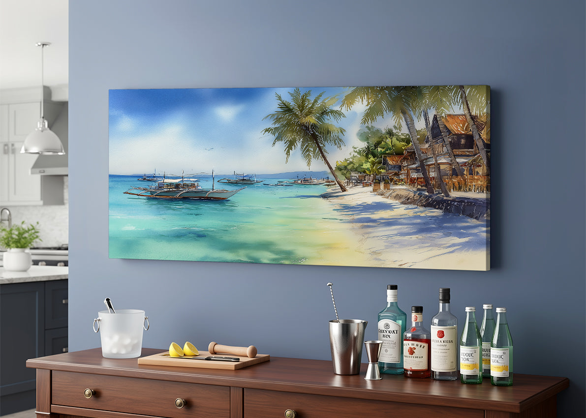 Tropical Paradise Beach Boats Canvas Wall Art – Single & 3 Panel Split – AI PRINT LAB