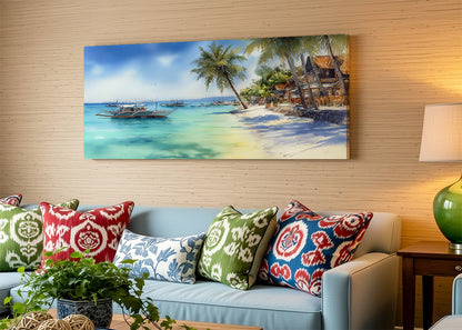 Tropical Paradise Beach Boats Canvas Wall Art – Single & 3 Panel Split – AI PRINT LAB