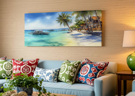 Tropical Paradise Beach Boats Canvas Wall Art – Single & 3 Panel Split – AI PRINT LAB