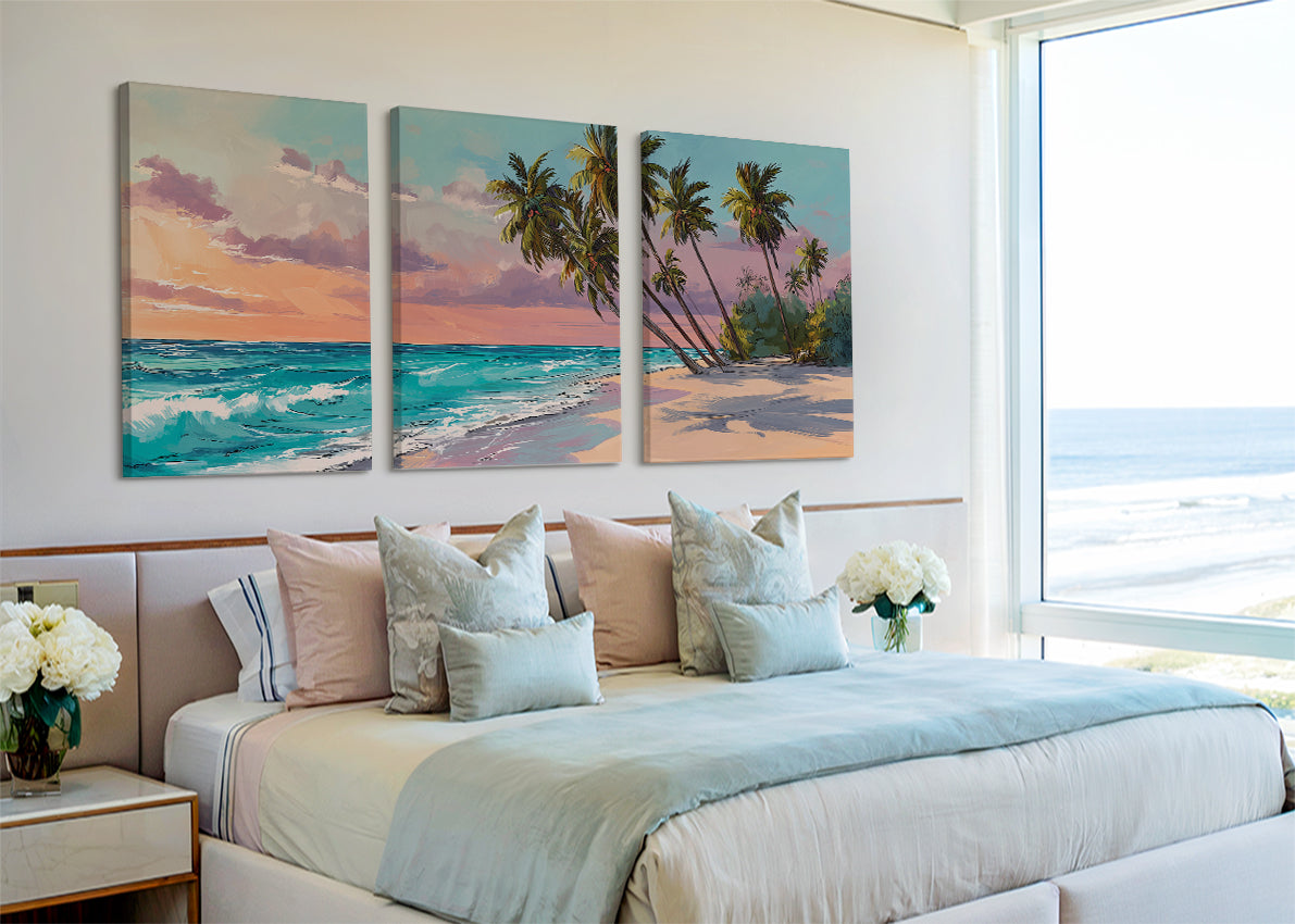 Tropical Sunset Beach Canvas Wall Art – Single & 3 Panel Split – AI PRINT LAB