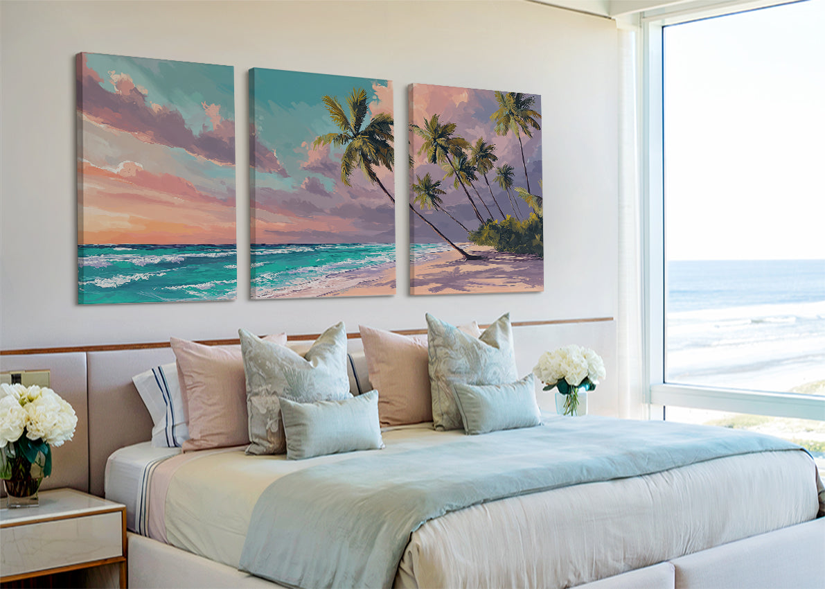 Tropical Sunset Paradise Beach Canvas Wall Art – Single & 3 Panel Split – AI PRINT LAB