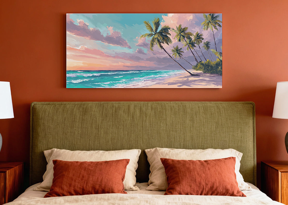 Tropical Sunset Paradise Beach Canvas Wall Art – Single & 3 Panel Split – AI PRINT LAB