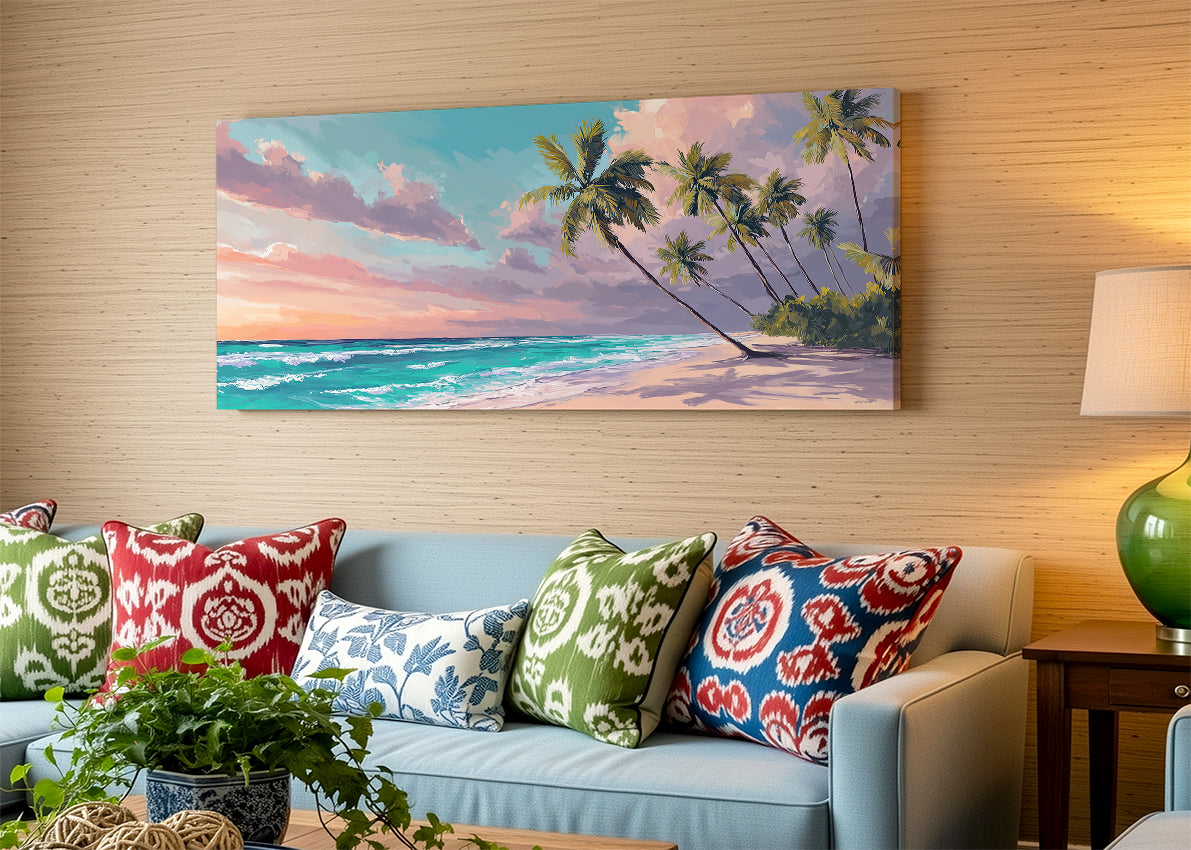 Tropical Sunset Paradise Beach Canvas Wall Art – Single & 3 Panel Split – AI PRINT LAB