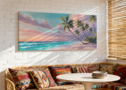 Tropical Sunset Paradise Beach Canvas Wall Art – Single & 3 Panel Split – AI PRINT LAB