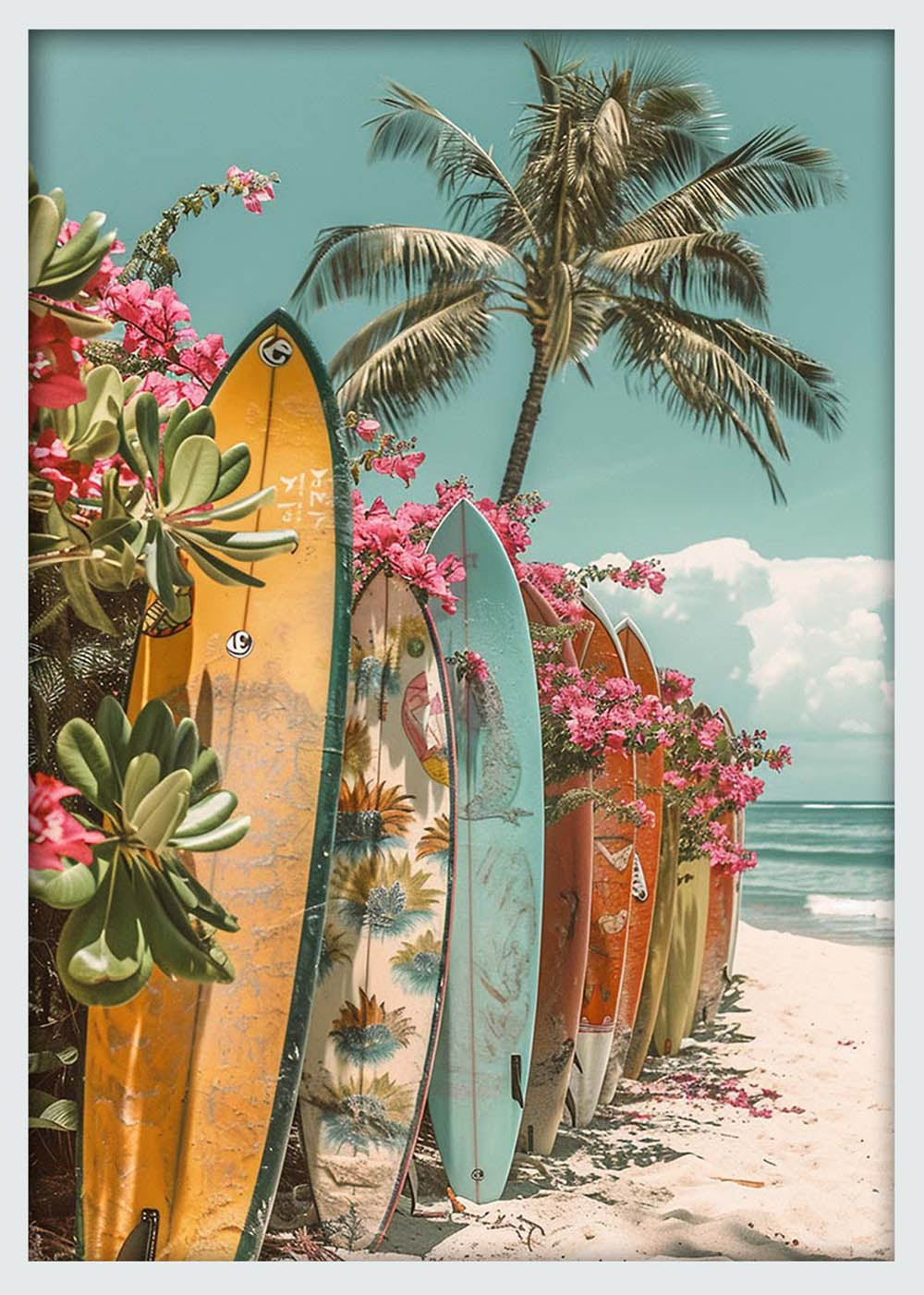 Tropical Surfboards on the Beach – Retro Coastal Vibes Canvas & Poster Wall Art – T1143 – AiPrintLab