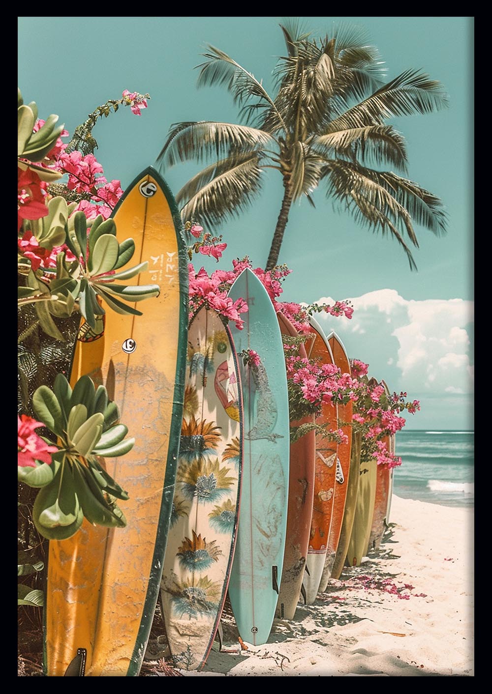 Tropical Surfboards on the Beach – Retro Coastal Vibes Canvas & Poster Wall Art – T1143 – AiPrintLab