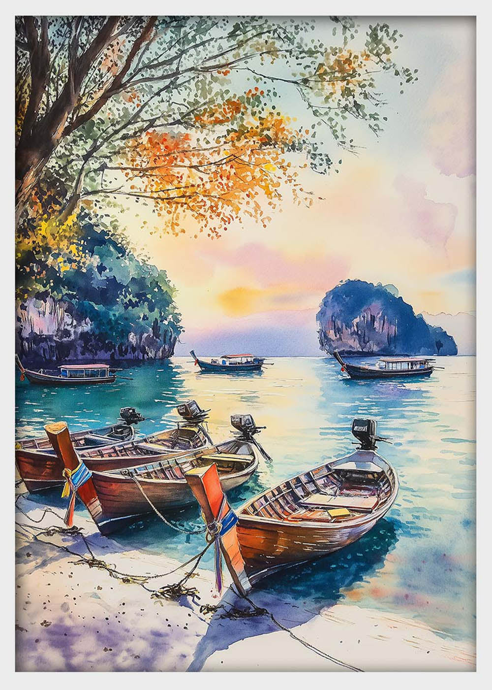 Tropical Boats Watercolor Canvas Wall Art & Poster Print | Seaside Coastal Landscape – T1314 – AiPrintlab
