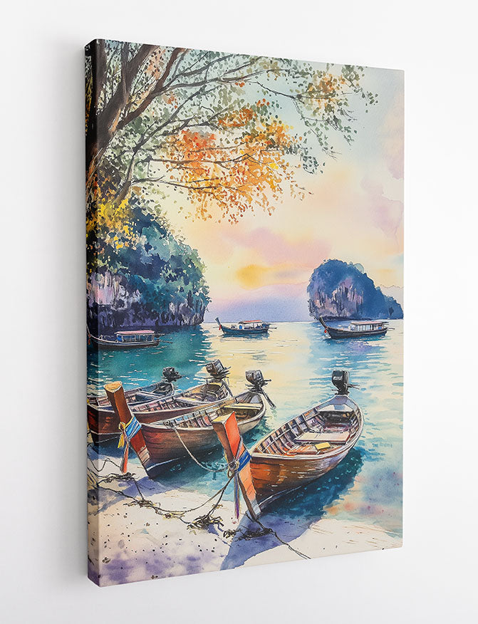 Tropical Boats Watercolor Canvas Wall Art & Poster Print | Seaside Coastal Landscape – T1314 – AiPrintlab 1