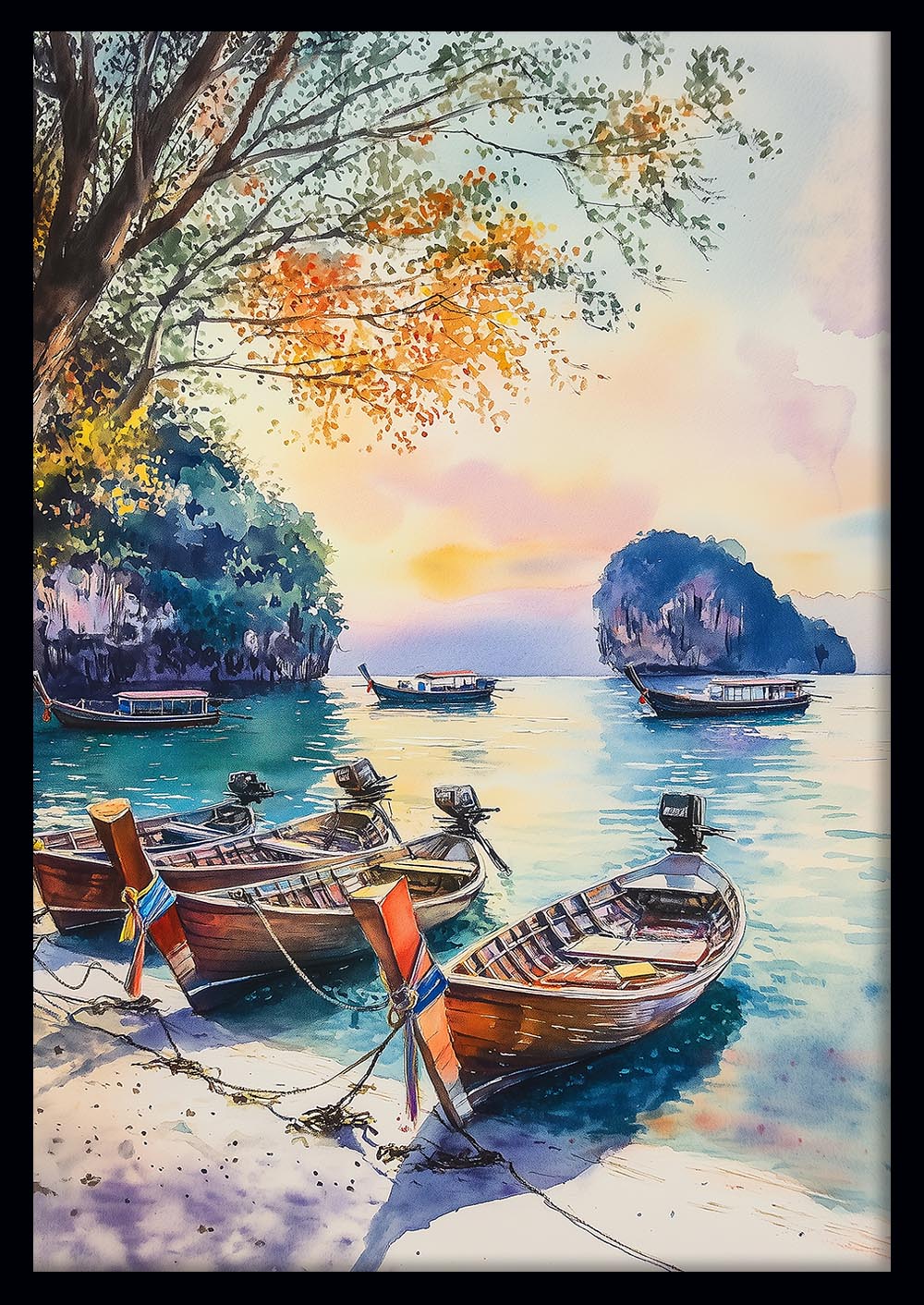 Tropical Boats Watercolor Canvas Wall Art & Poster Print | Seaside Coastal Landscape – T1314 – AiPrintlab 2