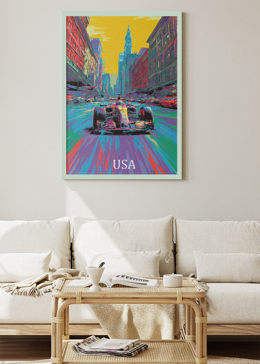 USA Neon City Formula Racing Canvas Print & Poster – AI PRINT LAB
