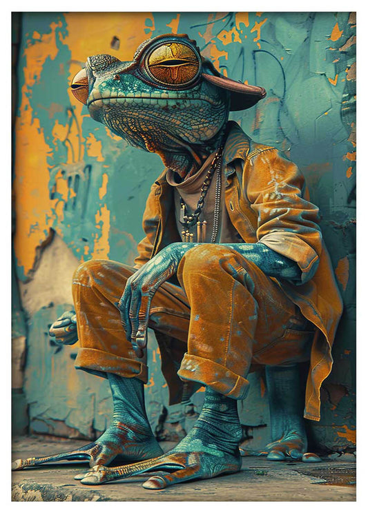 Urban Lizard in Streetwear – Funky Anthropomorphic Canvas Wall Art – T955 – AiPrintLab