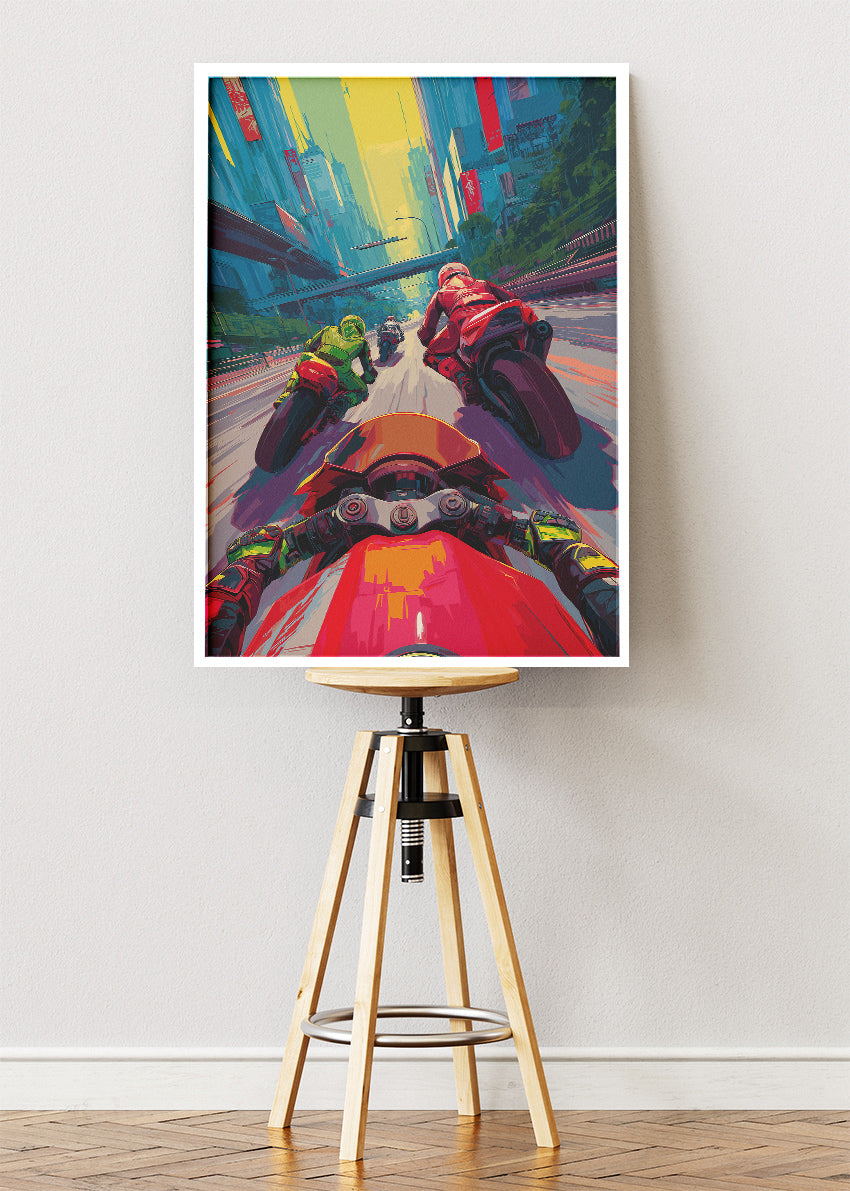 Urban Motorcycle Racing POV Poster Canvas & Print – AI PRINT LAB