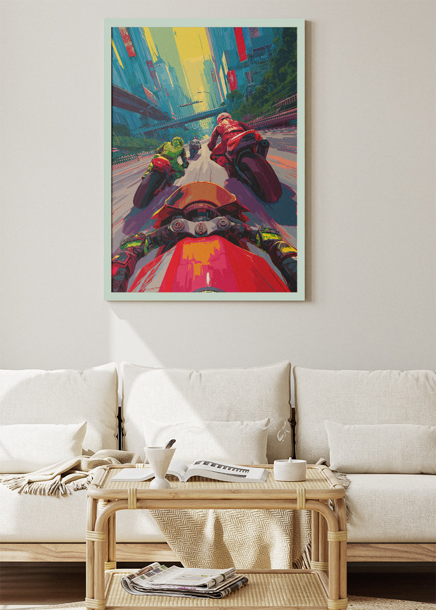 Urban Motorcycle Racing POV Poster Canvas & Print – AI PRINT LAB