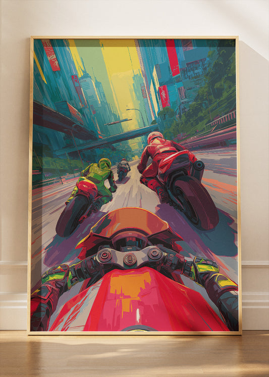 Urban Motorcycle Racing POV Poster Canvas & Print – AI PRINT LAB