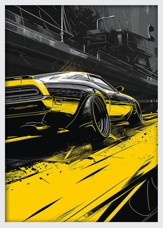 Urban Muscle Car – Yellow Street Racer Canvas & Poster Wall Art – T1231 – AiPrintLab